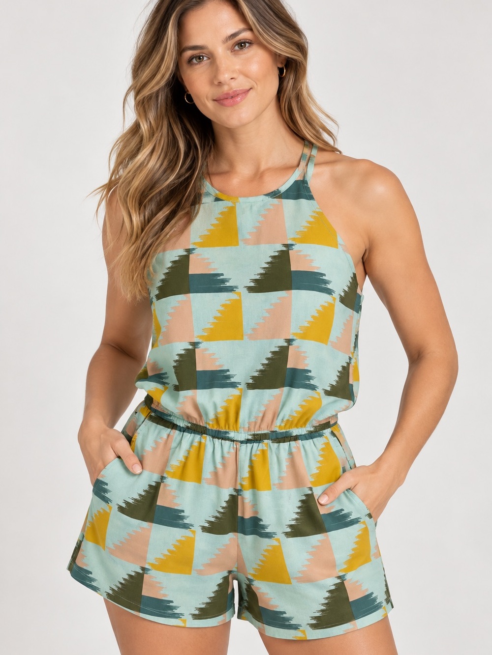 prAna Geometric Halter Romper in Mint, Mustard & Olive